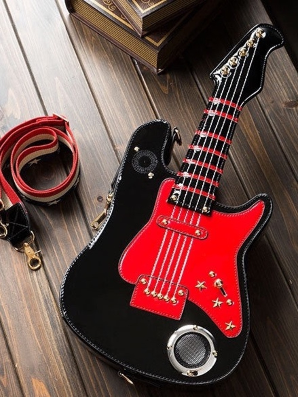 Key West Patent Colorblock Black Red Guitar-Shaped Crossbody Bag Plays Music